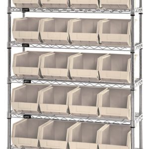 The Quantum Bin Wire Shelving System, measuring 36W x 12D x 74H and holding up to 800 lbs per shelf, includes eight shelves and 28 QUS239 ivory bins with an open-front design for easy access. The chrome-plated structure is conveniently shipped KD.