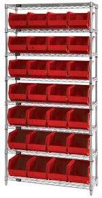 The Quantum Bin Wire Shelving System, measuring 36W x 12D x 74H with a chrome-plated finish, includes eight shelves and 28 front-open QUS239 red bins. It has an 800 lbs load capacity per shelf and is shipped KD against a white background for convenience.
