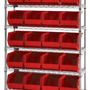The Quantum Bin Wire Shelving System, measuring 36W x 12D x 74H with a chrome-plated finish, includes eight shelves and 28 front-open QUS239 red bins. It has an 800 lbs load capacity per shelf and is shipped KD against a white background for convenience.