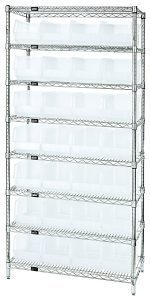 The chrome-plated Quantum Bin Wire Shelving System, measuring 36W x 14D x 74H, features seven adjustable levels, (8) shelves, and (28) QUS240 clear bins for versatile organization with an 800 lbs load capacity per shelf.