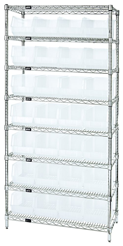 The chrome-plated Quantum Bin Wire Shelving System, measuring 36W x 14D x 74H, features seven adjustable levels, (8) shelves, and (28) QUS240 clear bins for versatile organization with an 800 lbs load capacity per shelf.