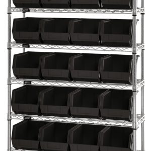 The Quantum Bin Wire Shelving System measures 36W x 14D x 74H, features a chrome-plated finish with eight shelves each holding up to 800 lbs, and comes with 28 QUS240 black bins. It is shipped KD for easy assembly and optimal space management.