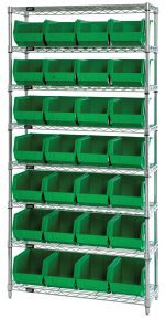 The Quantum Bin Wire Shelving System, measuring 36W x 14D x 74H, boasts a glossy chrome-plated finish and includes 8 shelves with each holding up to 800 lbs. It comes with 28 QUS240 green bins featuring open fronts for easy access, combining elegance with ample storage space.