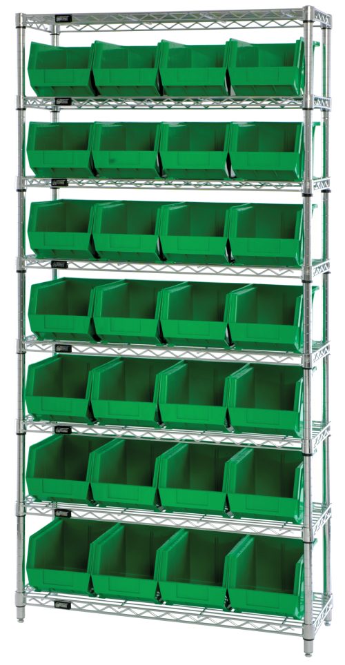 The Quantum Bin Wire Shelving System, measuring 36W x 14D x 74H, boasts a glossy chrome-plated finish and includes 8 shelves with each holding up to 800 lbs. It comes with 28 QUS240 green bins featuring open fronts for easy access, combining elegance with ample storage space.