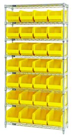 The Quantum Bin Wire Shelving System, measuring 36W x 14D x 74H, features a chrome-plated frame with eight shelves and includes 28 QUS240 yellow bins. Each shelf supports up to 800 lbs, offering ample organized storage. It is shipped KD for easy assembly.
