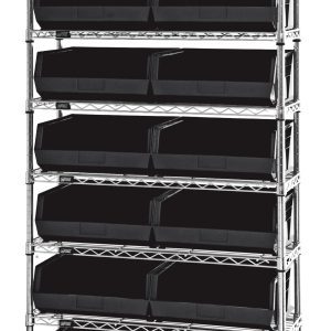 The Quantum Bin Wire Shelving System, 36W x 14D x 74H, features a chrome-plated finish with eight shelves that each support up to 800 lbs. It includes 14 QUS250 black bins neatly arranged on evenly spaced shelves.