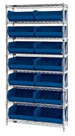 The Quantum Bin Wire Shelving System is a tall metal rack with eight chrome-plated shelves, each supporting up to 800 lbs. It includes 14 large blue Qus250 bins, perfect for organizing a garage, warehouse, or office. Dimensions: 36W x 14D x 74H. Shipped KD (knocked down).