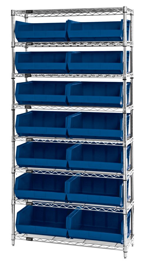 The Quantum Bin Wire Shelving System is a tall metal rack with eight chrome-plated shelves, each supporting up to 800 lbs. It includes 14 large blue Qus250 bins, perfect for organizing a garage, warehouse, or office. Dimensions: 36W x 14D x 74H. Shipped KD (knocked down).