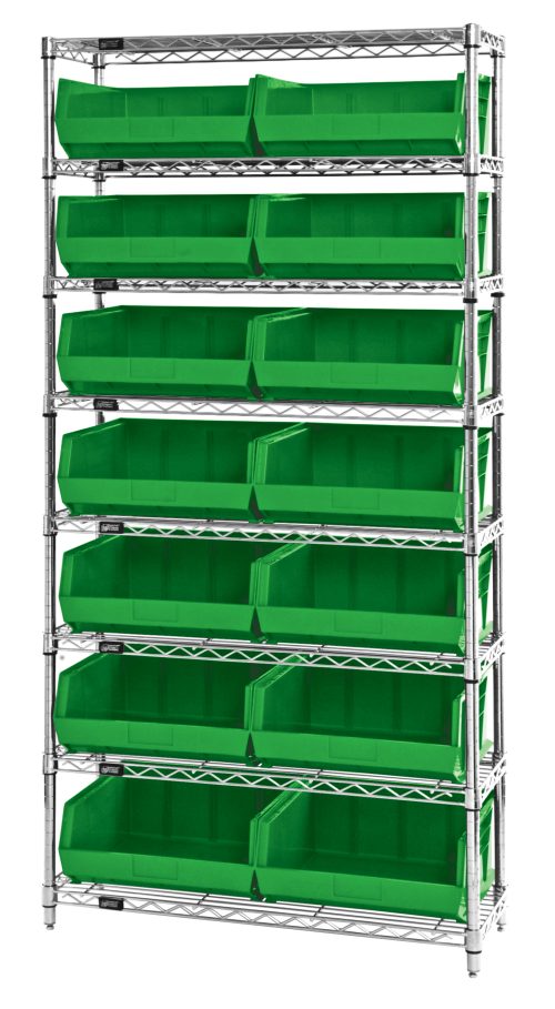 The Quantum Bin Wire Shelving System features a chrome-plated, tall frame measuring 36W x 14D x 74H with eight levels. It includes 14 QUS250 green bins designed for easy access and offers an 800 lbs load capacity per shelf—ideal for storage and organization.