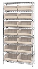The Quantum Bin Wire Shelving System, featuring a chrome-plated finish, measures 36W x 14D x 74H and supports up to 800 lbs per shelf. It includes eight shelves and fourteen QUS250 ivory bins for organized home or office storage, blending functionality with style.