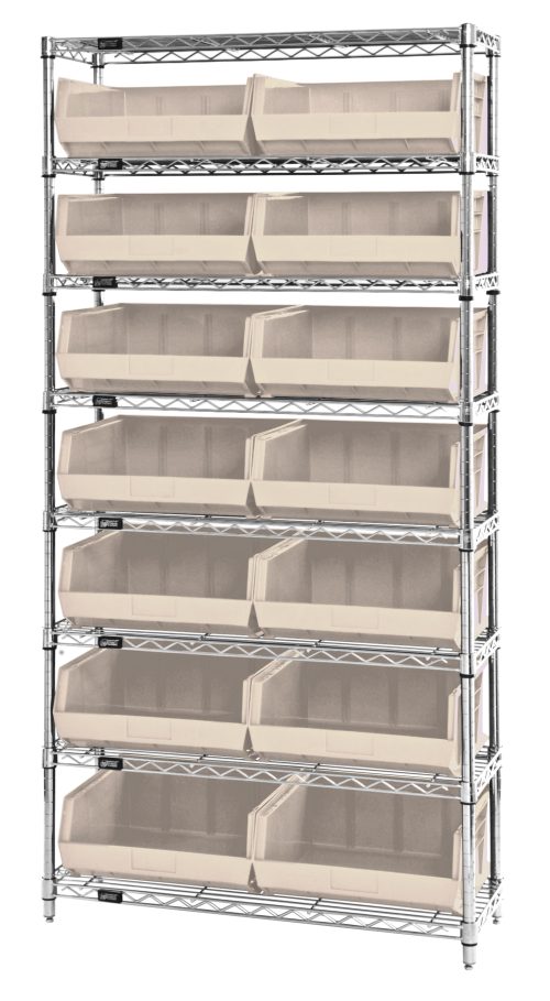The Quantum Bin Wire Shelving System, featuring a chrome-plated finish, measures 36W x 14D x 74H and supports up to 800 lbs per shelf. It includes eight shelves and fourteen QUS250 ivory bins for organized home or office storage, blending functionality with style.