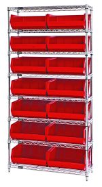 The Quantum Bin Wire Shelving System features chrome-plated metal with dimensions of 36W x 14D x 74H. It has a capacity of 800 lbs per shelf and includes eight shelves with fourteen Qus250 red bins, providing an efficient storage solution.