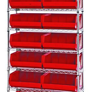 The Quantum Bin Wire Shelving System features chrome-plated metal with dimensions of 36W x 14D x 74H. It has a capacity of 800 lbs per shelf and includes eight shelves with fourteen Qus250 red bins, providing an efficient storage solution.