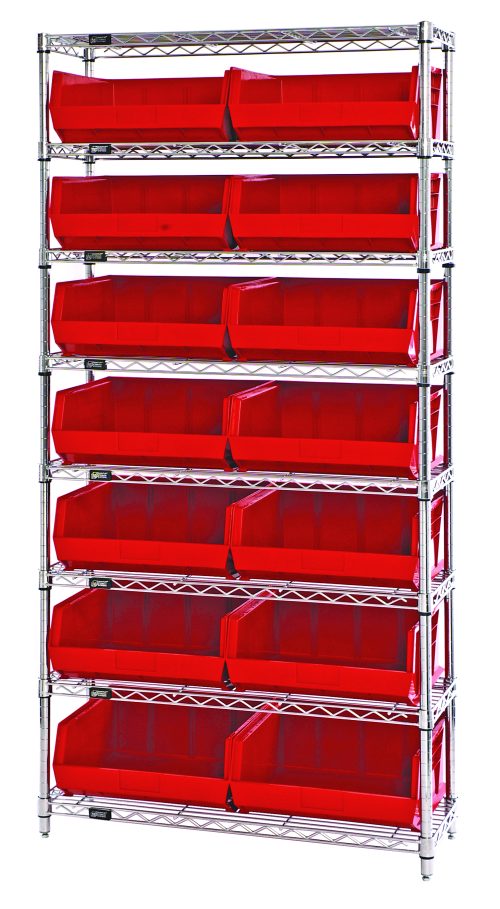 The Quantum Bin Wire Shelving System features chrome-plated metal with dimensions of 36W x 14D x 74H. It has a capacity of 800 lbs per shelf and includes eight shelves with fourteen Qus250 red bins, providing an efficient storage solution.
