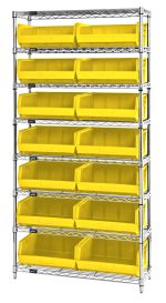 The Quantum Bin Wire Shelving System is a tall, chrome-plated unit measuring 36W x 14D x 74H. It features eight shelves with a robust load capacity of 800 lbs per shelf and comes with 14 bright yellow QUS250 bins for open and efficient organization, shipped KD.