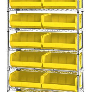 The Quantum Bin Wire Shelving System is a tall, chrome-plated unit measuring 36W x 14D x 74H. It features eight shelves with a robust load capacity of 800 lbs per shelf and comes with 14 bright yellow QUS250 bins for open and efficient organization, shipped KD.