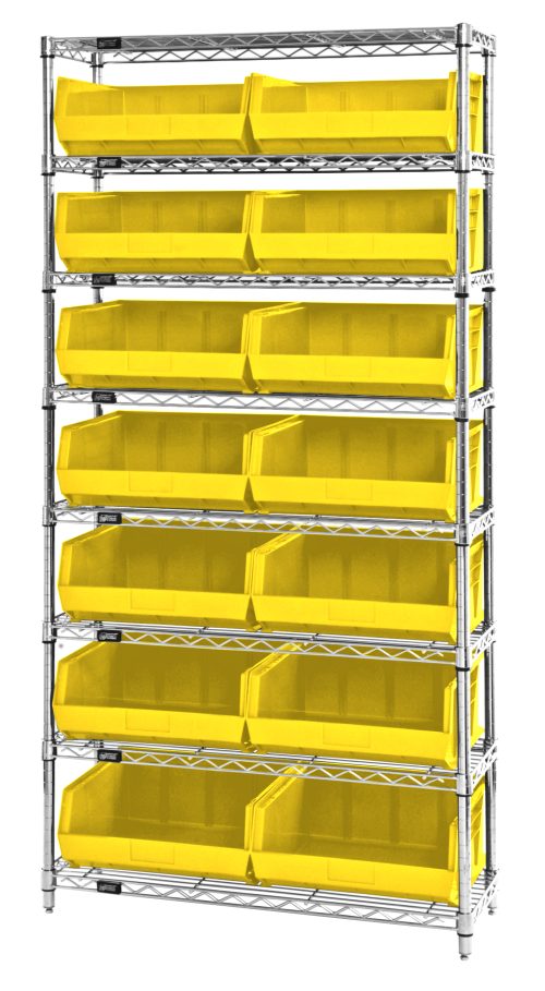 The Quantum Bin Wire Shelving System is a tall, chrome-plated unit measuring 36W x 14D x 74H. It features eight shelves with a robust load capacity of 800 lbs per shelf and comes with 14 bright yellow QUS250 bins for open and efficient organization, shipped KD.