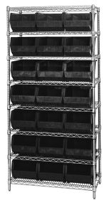 The Quantum Bin Wire Shelving System, measuring 36W x 18D x 74H, includes eight shelves with a chrome-plated finish and supports up to 800 lbs per shelf. It comes with 21 QUS255 black bins for organized storage.