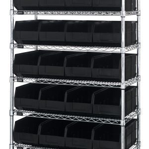 A Quantum Bin Wire Shelving System, 36W x 12D x 74H, with a load capacity of 800 lbs per shelf, includes eight shelves and 28 SSB423 black bins. It features a chrome-plated finish and is shipped knocked down, displayed on a white background with bins in neat rows and columns.