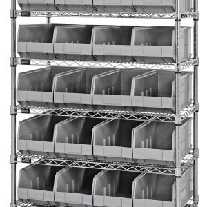 The Quantum Bin Wire Shelving System, measuring 36W x 12D x 74H with an 800 lbs load capacity per shelf, features six tiers with eight chrome-plated shelves and includes 28 SSB423 gray bins for easy access and efficient organization. It is shipped KD.