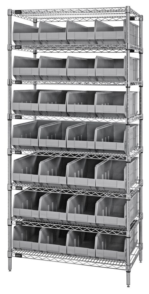 WR8-423_GY.jpg The Quantum Bin Wire Shelving System, measuring 36W x 12D x 74H with an 800 lbs load capacity per shelf, features six tiers with eight chrome-plated shelves and includes 28 SSB423 gray bins for easy access and efficient organization. It is shipped KD.