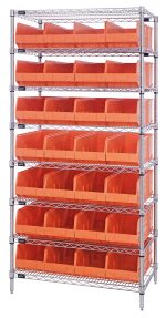 The Quantum Bin Wire Shelving System, 36W x 12D x 74H with eight shelves, supports up to 800 lbs per shelf and includes 28 orange SSB423 bins. Its robust design offers an efficient storage solution with a chrome-plated finish and ships knocked down (KD).