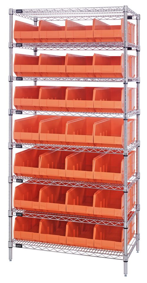 The Quantum Bin Wire Shelving System, 36W x 12D x 74H with eight shelves, supports up to 800 lbs per shelf and includes 28 orange SSB423 bins. Its robust design offers an efficient storage solution with a chrome-plated finish and ships knocked down (KD).