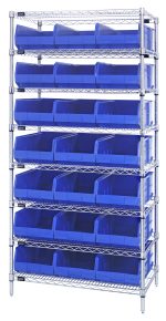 The Quantum Bin Wire Shelving System offers a chrome-plated finish and includes eight shelves with 21 blue bins. With each shelf holding up to 800 lbs, its perfect for efficient storage and organization, ensuring a sleek appearance. Dimensions: 36W x 12D x 74H; ships knocked down.