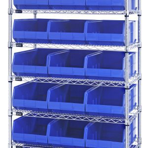 The Quantum Bin Wire Shelving System offers a chrome-plated finish and includes eight shelves with 21 blue bins. With each shelf holding up to 800 lbs, its perfect for efficient storage and organization, ensuring a sleek appearance. Dimensions: 36W x 12D x 74H; ships knocked down.