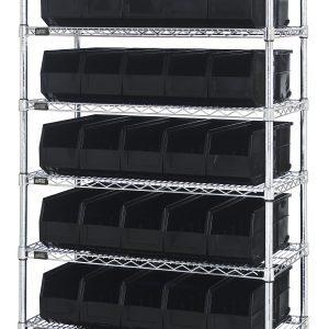 Introducing the Quantum Bin Wire Shelving System: a 36W x 14D x 74H, six-tier chrome unit with eight shelves and 35 SSB441 black bins, each shelf holding up to 800 lbs. Get stylish, strong storage shipped KD!.