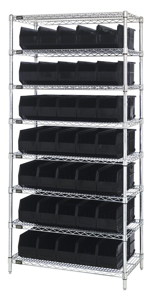 Introducing the Quantum Bin Wire Shelving System: a 36W x 14D x 74H, six-tier chrome unit with eight shelves and 35 SSB441 black bins, each shelf holding up to 800 lbs. Get stylish, strong storage shipped KD!.