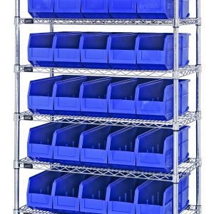 The Quantum Bin Wire Shelving System, measuring 36W x 14D x 74H, has a load capacity of 800 lbs per shelf and includes eight chrome-plated shelves with 35 SSB441 blue bins. This design provides robust storage solutions for any space.