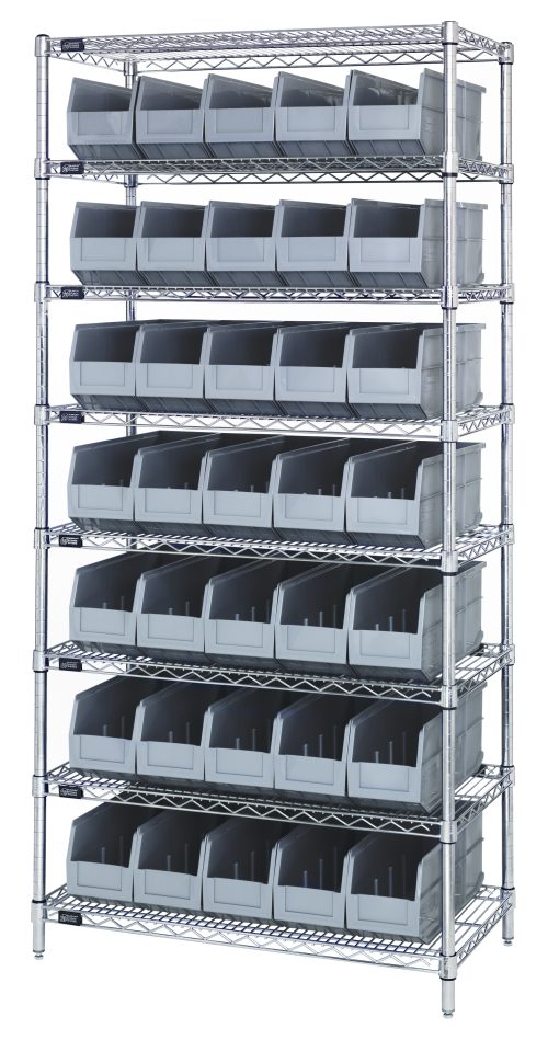 The Quantum Bin Wire Shelving System measures 36W x 14D x 74H with eight shelves, each holding SSB441 gray bins. Supported by four metal poles, it has a sleek chrome finish and boasts an 800 lbs load capacity per shelf for optimal organization.