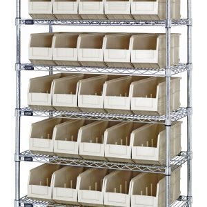 The Quantum Bin Wire Shelving System, measuring 36W x 14D x 74H, includes eight shelves and 35 ivory bins. Each chrome-plated shelf supports up to 800 lbs, ensuring a sturdy yet organized industrial look.