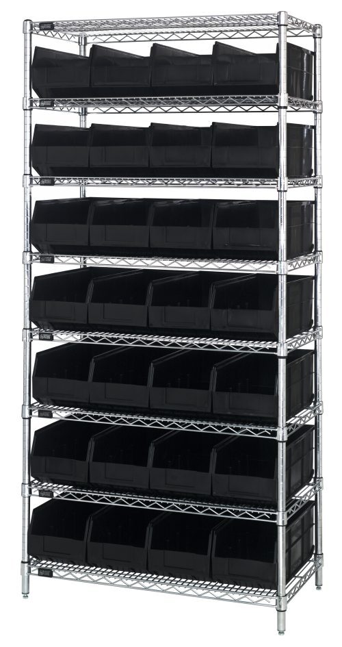 The Quantum Bin Wire Shelving System, measuring 36W x 14D x 74H with a chrome-plated finish, includes eight shelves, each supporting 800 lbs with evenly distributed weight. It comes with 28 SSB443 black bins for organized storage.