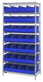 The Quantum Bin Wire Shelving System, chrome-plated and 74 tall, includes eight shelves each measuring 36W x 14D. It supports up to 800 lbs per shelf and comes with 28 blue Ssb443 bins.