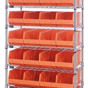 The Quantum Bin Wire Shelving System features eight shelves with a sleek chrome finish, measuring 36W x 14D x 74H. It supports up to 800 lbs per shelf and includes 28 Ssb443 orange bins, making it perfect for organizing small items in a stylish and efficient manner.
