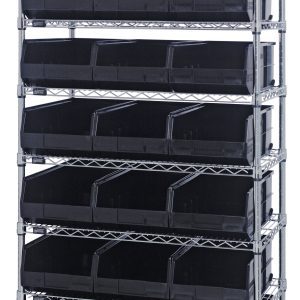 The Quantum Bin Wire Shelving System measures 36W x 14D x 74H, holds 800 lbs per shelf, features eight chrome-plated wire shelves, and includes 21 SSB445 black bins. It ships knocked down (KD) for organized storage.