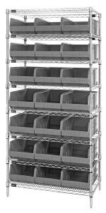 The Quantum Bin Wire Shelving System, 36W x 14D x 74H, has a chrome-plated finish with eight shelves and includes 21 SSB445 gray bins. This sleek unit combines style and functionality against a white background, offering an 800 lbs load capacity per shelf.