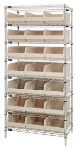 The Quantum Bin Wire Shelving System, measuring 36W x 14D x 74H and finished in chrome, includes eight shelves with a grid-like design. Each shelf supports up to 800 lbs and holds 21 SSB445 ivory bins for open-topped storage, shipped KD.