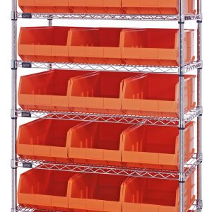 The Quantum Bin Wire Shelving System, measuring 36W x 14D x 74H, with a chrome finish, includes eight shelves and 21 SSB445 orange bins. Each shelf supports up to 800 lbs and the unit offers open-front bins for easy access against a plain background. Ships KD.