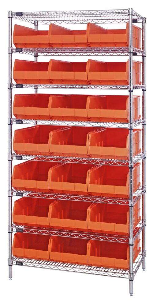 WR8-445_OR.jpg The Quantum Bin Wire Shelving System, measuring 36W x 14D x 74H, with a chrome finish, includes eight shelves and 21 SSB445 orange bins. Each shelf supports up to 800 lbs and the unit offers open-front bins for easy access against a plain background. Ships KD.