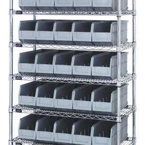 The Quantum Bin Wire Shelving System measures 36W x 18D x 74H, boasts eight shelves and 35 gray SSB461 bins, each shelf supporting up to 800 lbs. With a chrome-plated finish, this KD-shipped unit is ideal for organizing small items and shown against a white background.