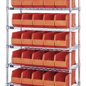 The Quantum Bin Wire Shelving System is a 36W x 18D x 74H unit with eight shelves, each supporting up to 800 lbs, and includes 35 Ssb461 orange bins. It features a chrome-plated finish and ships knocked down for easy assembly.