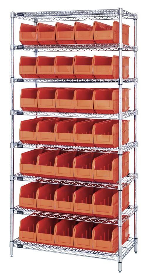 WR8-SSB461 or The Quantum Bin Wire Shelving System is a 36W x 18D x 74H unit with eight shelves, each supporting up to 800 lbs, and includes 35 Ssb461 orange bins. It features a chrome-plated finish and ships knocked down for easy assembly.