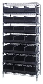 The Quantum Bin Wire Shelving System, 36W x 18D x 74H, offers eight shelves with a sturdy load capacity of 800 lbs each. It comes with a chrome-plated finish and includes 21 black Ssb465 bins with open fronts. Shipped KD for your convenience.