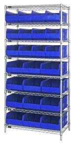 The Quantum Bin Wire Shelving System, 36W x 21D x 74H, chrome-plated, has eight shelves with an 800 lbs capacity each. Its ideal for organization with twelve blue bins included.