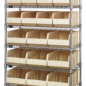 The Quantum Bin Wire Shelving System, 36W x 21D x 74H, chrome-plated with a sleek design, includes eight shelves and 12 SSB485 ivory bins. It boasts an 800 lbs load capacity per shelf and stands empty against a pristine white background, ready to organize essentials in style.