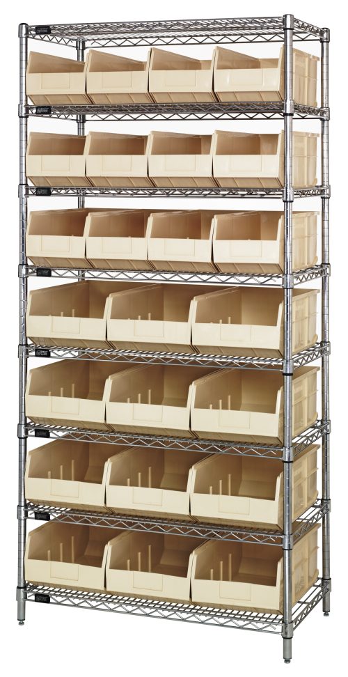 The Quantum Bin Wire Shelving System, 36W x 21D x 74H, chrome-plated with a sleek design, includes eight shelves and 12 SSB485 ivory bins. It boasts an 800 lbs load capacity per shelf and stands empty against a pristine white background, ready to organize essentials in style.