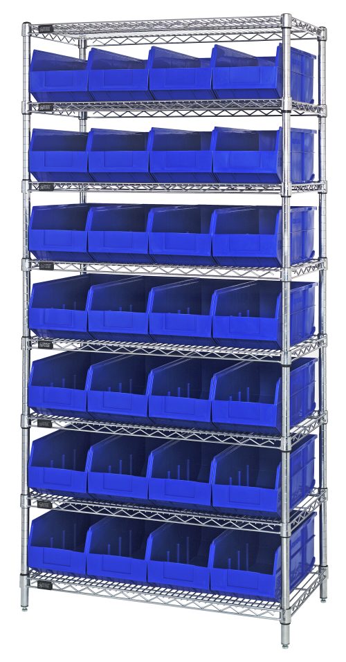 WR8-SSB463 bl The Quantum Bin Wire Shelving System, 36W x 21D x 74H, supports up to 800 lbs per shelf and includes eight shelves plus 28 SSB483 blue bins for efficient storage. It has a chrome-plated finish and is shipped knocked down (KD).